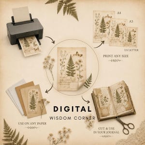May include: A digital download set titled DIGITAL WISDOM CORNER featuring botanical fern and butterfly illustrations on aged paper. Includes a printer, various paper sizes like A4, A5, and US Letter, journal pages, and scissors for crafting projects.
