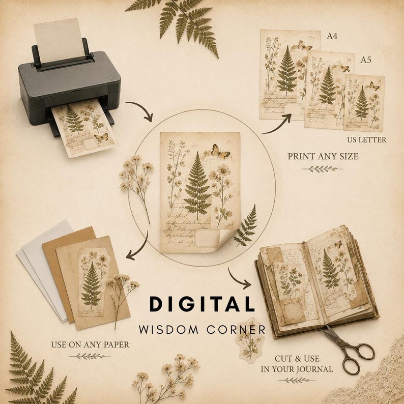 May include: A digital download set titled DIGITAL WISDOM CORNER featuring botanical fern and butterfly illustrations on aged paper. Includes a printer, various paper sizes like A4, A5, and US Letter, journal pages, and scissors for crafting projects.