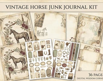 Könnte beinhalten: Eine Sammlung von druckbaren Papierbögen und Ephemera mit Pferdeillustrationen, floralen Akzenten und Vintage-Texturen. Das Set enthält Seiten mit linierten Schreibbereichen, dekorativen Anhängern und Etiketten mit dem Text VINTAGE HORSE JUNK JOURNAL KIT.