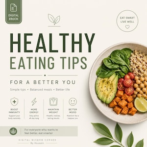 Op de afbeelding: Een digitale ebook-cover met de tekst "GEZONDE EET TIPS" en een kom met eten. De cover bevat pictogrammen voor het stimuleren van de immuniteit, meer energie, het behouden van gewicht en een betere stemming. De tekst "EET SLIM LEEF GOED" is ook aanwezig.