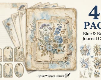 Könnte beinhalten: Eine Sammlung von 40 Seiten für ein Junk Journal mit botanischen und nautischen Illustrationen in Blau und Beige. Das Set enthält liniertes Briefpapier, dekorative Anhänger sowie verschiedene florale und maritime Motive auf gealtertem Papier.
