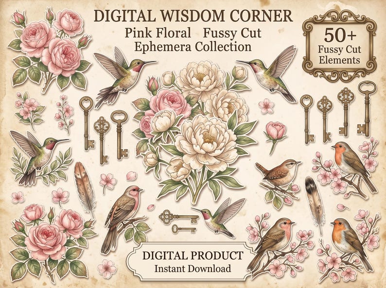 May include: A digital ephemera collection featuring pink roses, peonies, hummingbirds, robins, and vintage keys. The text reads: DIGITAL WISDOM CORNER, Pink Floral Fussy Cut Ephemera Collection, 50+ Fussy Cut Elements, DIGITAL PRODUCT, Instant Download.