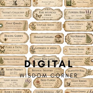 May include: A collection of rectangular and decorative paper labels featuring vintage-style botanical illustrations, script typography, and aged parchment textures. Each label displays unique text such as Herbal Remedies, Wild Botanical, and Pressed Flora.