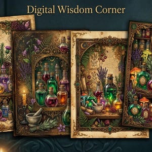 Może przedstawiać: Cztery prostokątne strony zatytułowane Digital Wisdom Corner, zawierające 40 stron szczegółowych ilustracji półek aptecznych wypełnionych kolorowymi szklanymi butelkami z miksturami, suszonymi ziołami, grzybami, moździerzami, tłuczkami i świecami w ozdobnych ramach.