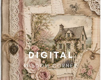 Könnte beinhalten: Eine quadratische Collage mit einer zentralen Illustration eines Steinhauses mit Schindeldach, umgeben von rosa Rosen und Spitzenbesatz. Das Design enthält zerrissene Papiertexturen, Handschrift, einen Herzanhänger und den Text DIGITAL WISDOM CORNER.