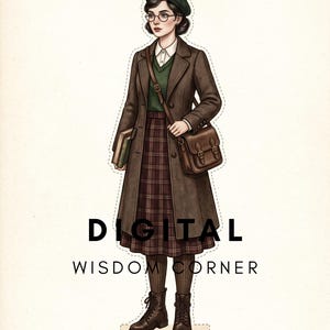 Può includere: Un'illustrazione di una bambola di carta raffigurante una persona con basco verde scuro, occhiali tondi, camicia bianca, gilet verde, cappotto marrone e gonna a quadri. La figura porta una borsa a tracolla marrone e libri. Testo: DIGITAL WISDOM CORNER.