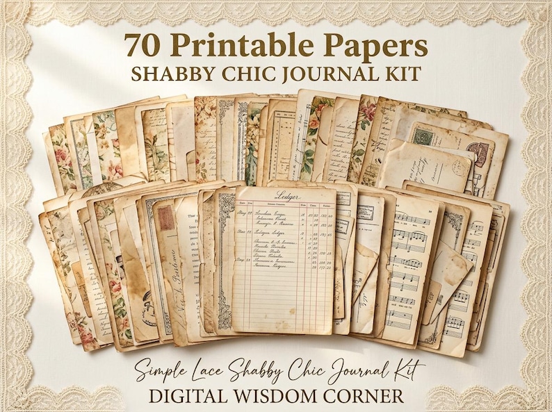 May include: A collection of 70 printable papers for a journal kit featuring aged, tea-stained textures, floral patterns, musical notation, and ledger forms. The text 70 Printable Papers SHABBY CHIC JOURNAL KIT and DIGITAL WISDOM CORNER is visible.