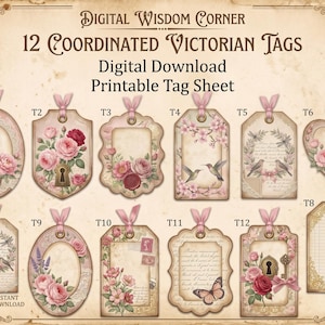 May include: A digital download sheet featuring 12 coordinated tags labeled T1 through T12. The tags display floral motifs, birds, butterflies, keyholes, and script text in shades of pink, cream, and brown with pink ribbon accents.