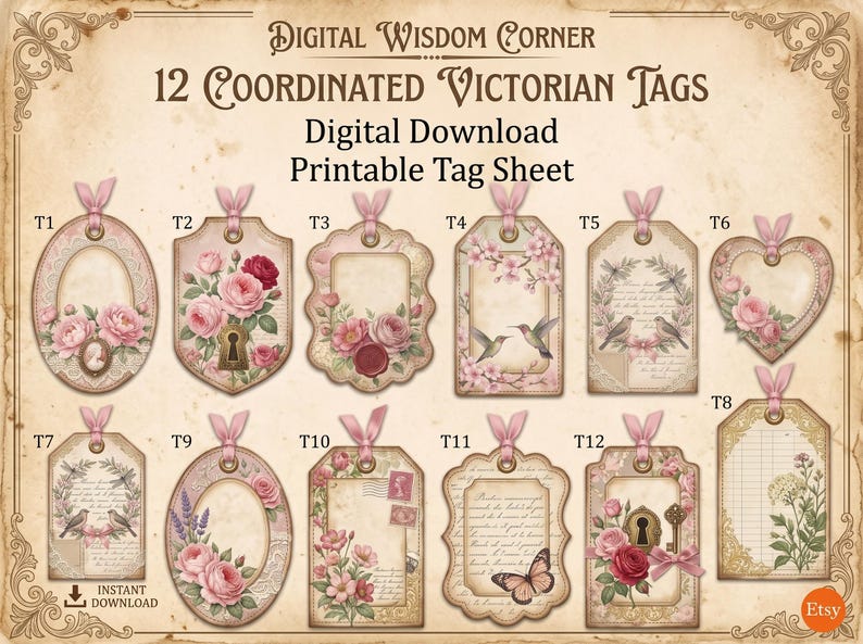 May include: A digital download sheet featuring 12 coordinated tags labeled T1 through T12. The tags display floral motifs, birds, butterflies, keyholes, and script text in shades of pink, cream, and brown with pink ribbon accents.