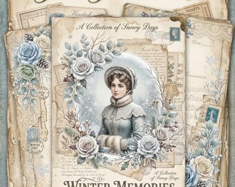 May include: A digital junk journal kit featuring vintage-style papers with floral and winter motifs. The central image shows a person in a bonnet and fur-trimmed coat surrounded by roses. Text includes Premium Winter Junk Journal Kit and Winter Memories.