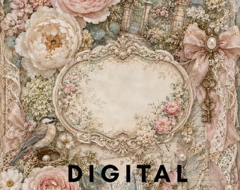 Könnte beinhalten: Eine dekorative Collage mit zartrosa und cremefarbenen Pfingstrosen, einem kleinen Vogel im Nest, einem Schmetterling, einem alten Schlüssel mit Spitzenband und einem verzierten zentralen Rahmen. Der Text DIGITAL Wisdom Corner steht in Schwarz.