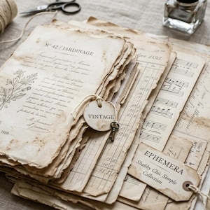 Pode incluir: Uma coleção de documentos de papel envelhecido em tom off-white com texto impresso, incluindo No 42 JARDINAGE, EPHEMERA e VINTAGE. A pilha inclui partituras, escrita à mão e ilustrações botânicas, acentuadas por uma pequena chave de metal.