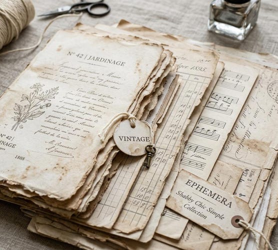 Shabby Chic Simple Junk Journal Kit — Printable Vintage Ephemera Papers & Lace Journal Pages