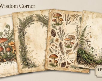 May include: Four rectangular paper sheets with aged, stained textures featuring botanical illustrations of mushrooms, ferns, pinecones, and feathers. The text Digital Wisdom Corner and 4 Front Covers Included is visible on the beige background.