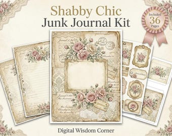 Könnte beinhalten: Ein Shabby Chic Junk Journal Kit mit 36 Seiten, verziert mit Blumenmotiven, Rosenillustrationen, Spitzenmustern und Schreibschrift. Das Set enthält verschiedene Schreibpapierbögen, Anhänger und Etiketten in gedeckten Beige-, Creme- und Altrosatönen.