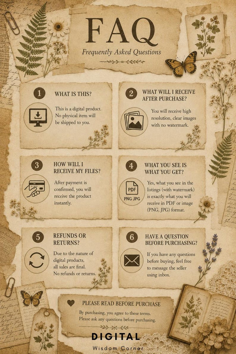 May include: A beige FAQ information sheet with a vintage paper aesthetic, featuring six numbered sections with icons and text explaining digital product policies, decorated with botanical illustrations, butterflies, and handwritten script accents.