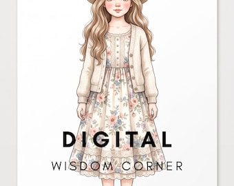 Shabby Chic Cottage Dress Up Kit, Vintage Floral Watercolor Character with Clothes & Accessories