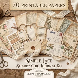 May include: A collection of 70 printable papers and ephemera for a journal kit, featuring vintage-style floral patterns, handwritten script, aged parchment textures, tags labeled Notes, Tickets, Findings, and Scraps, and an envelope with a wax seal.