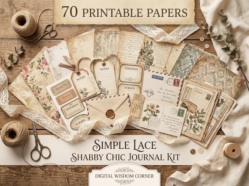 May include: A collection of 70 printable papers and ephemera for a journal kit, featuring vintage-style floral patterns, handwritten script, aged parchment textures, tags labeled Notes, Tickets, Findings, and Scraps, and an envelope with a wax seal.