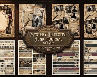 May include: A digital junk journal kit titled Mystery Detective Junk Journal 40 Pages Digital Wisdom Corner, featuring vintage-style paper sheets with detective-themed graphics, including magnifying glasses, keys, cameras, and silhouettes of people.