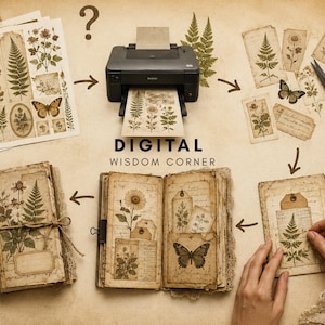 May include: A digital craft kit featuring botanical and butterfly illustrations on paper sheets, a black printer, scissors, and a glue stick. The text reads DIGITAL WISDOM CORNER. The kit includes printed ephemera for assembling journals.