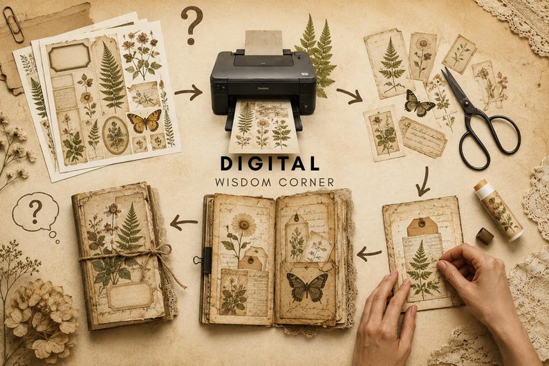 May include: A digital craft kit featuring botanical and butterfly illustrations on paper sheets, a black printer, scissors, and a glue stick. The text reads DIGITAL WISDOM CORNER. The kit includes printed ephemera for assembling journals.