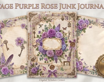 Vintage Purple Rose Junk Journal Kit, Shabby Chic Floral Printable Pages (Digital Download)