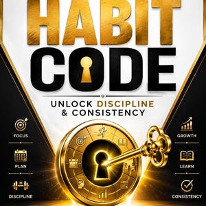 Może przedstawiać: Złoty i czarny projekt graficzny okładki książki "The Habit Code". Tytuł jest w kolorze złotym, z dziurką od klucza w literze "O". Złoty klucz jest włożony do złotego zamka. Tekst brzmi "Unlock Discipline & Consistency".