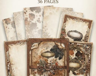 Könnte beinhalten: Eine Sammlung von Junk-Journal-Seiten mit Kuhfellmustern, floralen Linienzeichnungen und verzierten Rahmen. Der Text lautet BOHO COWHIDE JUNK JOURNAL, 36 PAGES und Digital Wisdom Corner. Die Designs enthalten braune und weiße Muster.