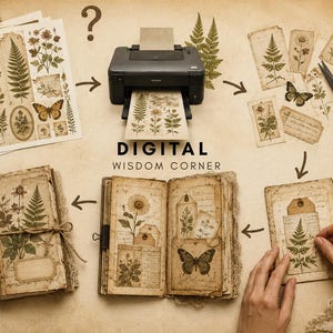 May include: A digital craft kit featuring botanical and butterfly illustrations on paper sheets, a black printer, scissors, a glue stick, and a journal. The text DIGITAL WISDOM CORNER is centered. The items are arranged to show a process of printing, cutting, and assembling paper ephemera into a scrapbook.