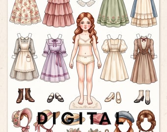 Vintage Watercolor Paper Doll Printable A4 | Dress Up Doll with Clothes & Accessories | Shabby Chic Cut Out Craft