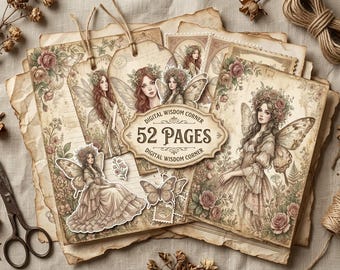 Viktorianisches Feenmädchen-Junk-Journal-Set, 52 Vintage-Druckseiten, Feen-Ephemera, Schreibpapier, Etiketten, Stempel & Washi-Tape