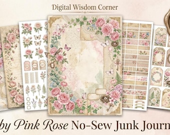 Shabby Pink Rose Junk Journal Kit, Vintage Butterfly Printable Pages, Cottagecore Scrapbook Papers