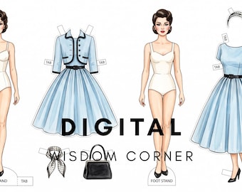 Vintage Fashion Paper Doll | 1940s Dress Up Printable | Retro Outfit Kit