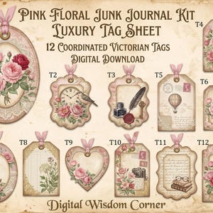 May include: A digital download sheet titled Pink Floral Junk Journal Kit Luxury Tag Sheet featuring 12 coordinated Victorian tags with pink roses, clocks, birds, hot air balloons, cameras, and vintage stationery elements, each topped with a pink ribbon.