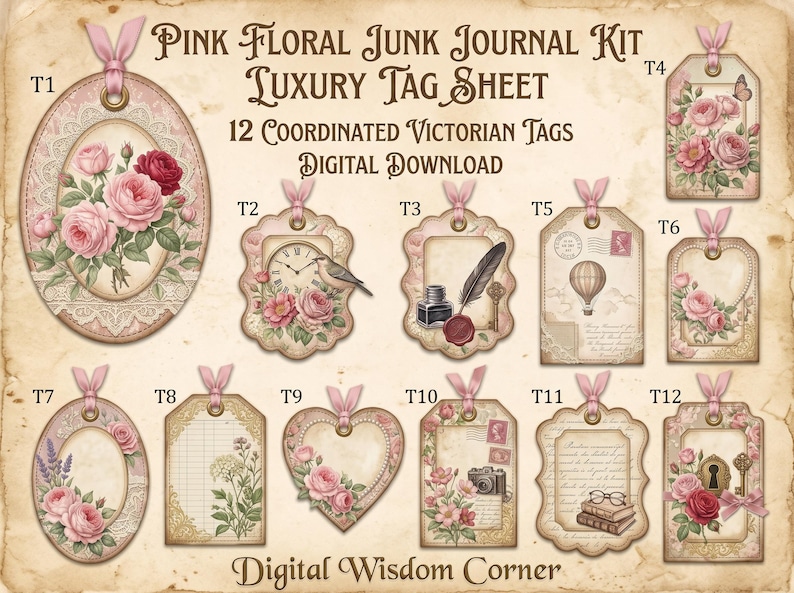 May include: A digital download sheet titled Pink Floral Junk Journal Kit Luxury Tag Sheet featuring 12 coordinated Victorian tags with pink roses, clocks, birds, hot air balloons, cameras, and vintage stationery elements, each topped with a pink ribbon.