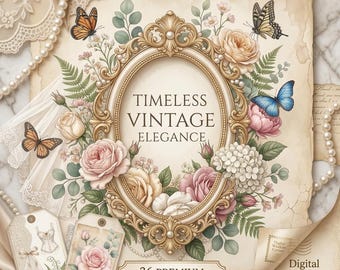 Shabby Chic Junk Journal Kit, Vintage Roses, Butterflies, Lace Ephemera (Digital Download)