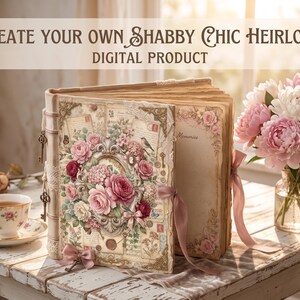 May include: A digital product featuring a scrapbook with a floral cover, pink ribbons, and vintage keys. The text reads CREATE YOUR OWN SHABBY CHIC HEIRLOOM DIGITAL PRODUCT. The book is displayed with a teacup and a vase of pink and white peonies.