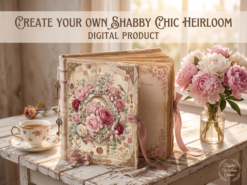 May include: A digital product featuring a scrapbook with a floral cover, pink ribbons, and vintage keys. The text reads CREATE YOUR OWN SHABBY CHIC HEIRLOOM DIGITAL PRODUCT. The book is displayed with a teacup and a vase of pink and white peonies.