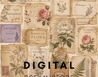 Vintage botanische Collage Blatt | Floral Junk Journal Ephemera (A4 Digital Download)
