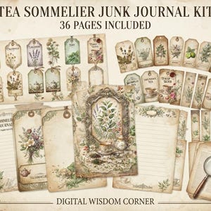 Peut inclure: Un kit de journal créatif Tea Sommelier incluant 36 pages. L'ensemble comprend des feuilles de papier au style vintage, des étiquettes décoratives avec des illustrations botaniques d'herbes et de thé, du papier ligné et un motif de loupe.