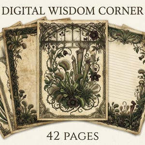 May include: A collection of 42 digital pages featuring botanical illustrations of carnivorous plants like Venus flytraps and pitcher plants. The set includes stationery, tags, and labels with aged paper textures, dark green foliage, and ornate borders.