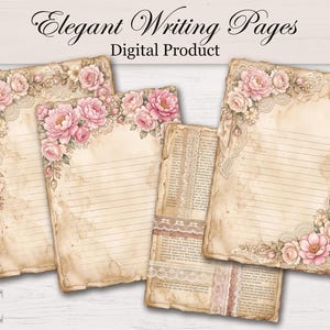May include: Four rectangular digital writing pages with a vintage parchment texture, featuring pink floral illustrations, lace accents, and lined sections. The text Elegant Writing Pages Digital Product, Digital Wisdom Corner, and 300 DPI are visible.