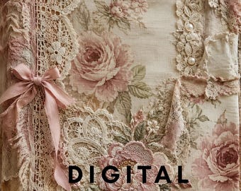 Könnte beinhalten: Ein stoffbezogenes Journal mit Rosenmuster, verziert mit cremefarbener Spitze, ausgefransten Stoffkanten und einer rosa Schleife. Auf dem Einband steht der Text DIGITAL Wisdom Corner, ergänzt durch kleine weiße Perlen und Stickereien.