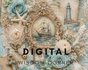 Ocean Shabby Chic Junk Journal Kit, Vintage Coastal Ephemera Bundle (Digital Download)