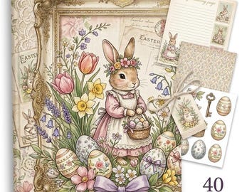 Vintage Easter Junk Journal Kit, Rabbit Floral Ephemera, Shabby Chic Scrapbook Pages (Digital Download)