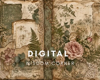 Könnte beinhalten: Ein aufgeschlagenes Buch mit gealterten, strukturierten Seiten, die botanische Collagen aus gepressten Farnen, getrockneten Rosen und Spitzenbesatz zeigen. Die Seiten enthalten handschriftliche Notizen, florale Muster und den weißen Text DIGITAL WISDOM CORNER.
