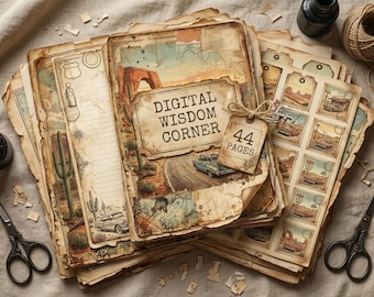 May include: A stack of vintage-style paper sheets featuring desert landscapes, cacti, and classic cars. The top page displays the text DIGITAL WISDOM CORNER and a tag labeled 44 PAGES. The paper has distressed, tea-stained edges and includes a sheet of postage stamp designs.