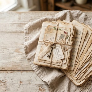 May include: A stack of aged, cream-colored paper sheets and vintage-style documents tied with beige lace ribbon. A small metal skeleton key and a rectangular tag with the text SHABBY CHIC DISK JOURNAL KIT are attached to the center of the bundle.