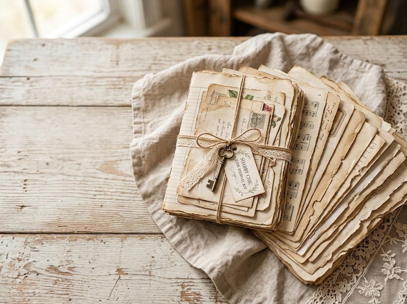 May include: A stack of aged, cream-colored paper sheets and vintage-style documents tied with beige lace ribbon. A small metal skeleton key and a rectangular tag with the text SHABBY CHIC DISK JOURNAL KIT are attached to the center of the bundle.